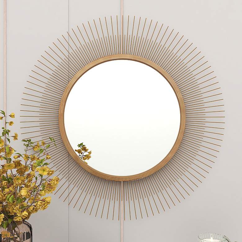 Image 1 Solara Matte Gold Metal 36" Round Sunburnt Wall Mirror