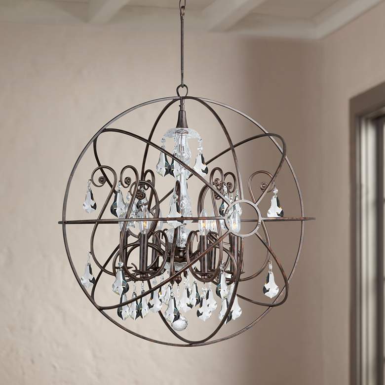 Image 1 Solaris 28"W English Bronze and Crystal 6-Light Chandelier