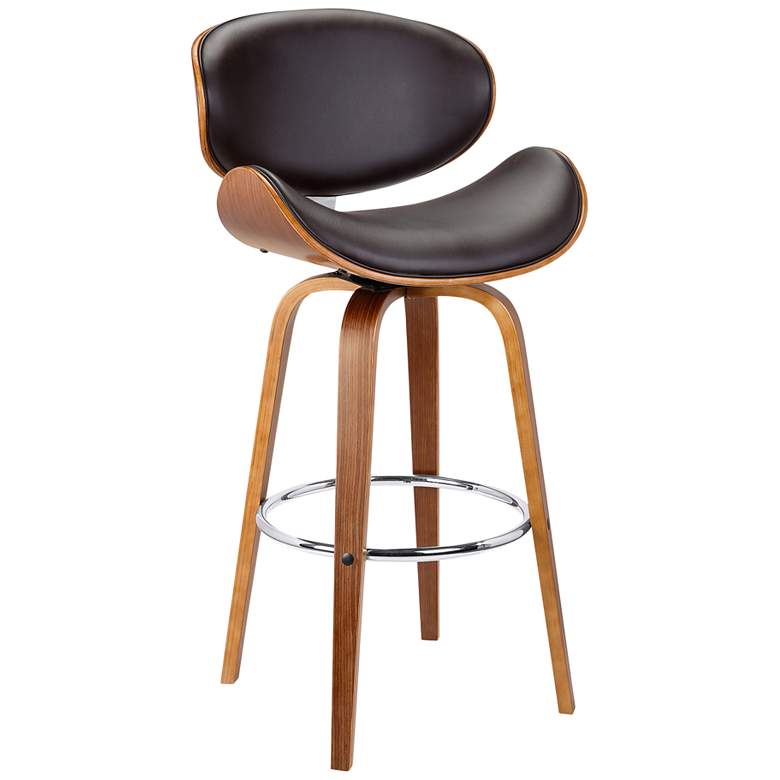 Image 1 Solvang 26 in. Swivel Barstool in Brown Faux Leather and Walnut Wood