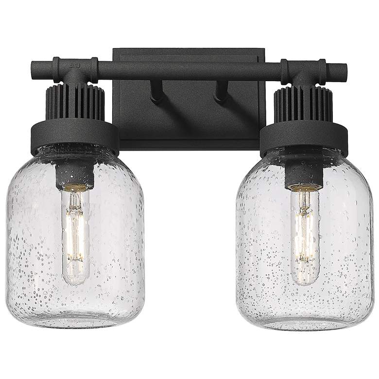 Image 1 Somers 14.75" Wide 2 Light Textured Black Bath Light With Seedy Glass