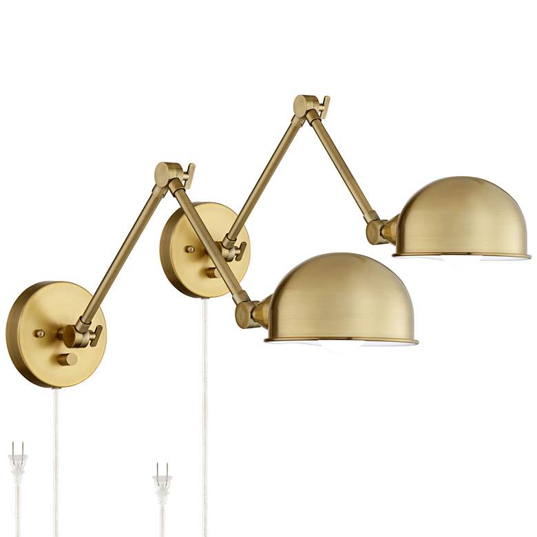 Image 3 Somers Antique Brass Adjustable Plug-In LED Wall Lamps Set of 2