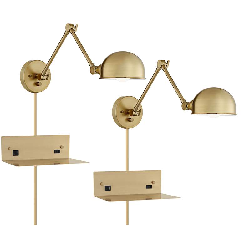 Image 1 Somers Brass Adjustable Plug-In LED Wall Lamps Set of 2 w/ USB-Outlet Shelf