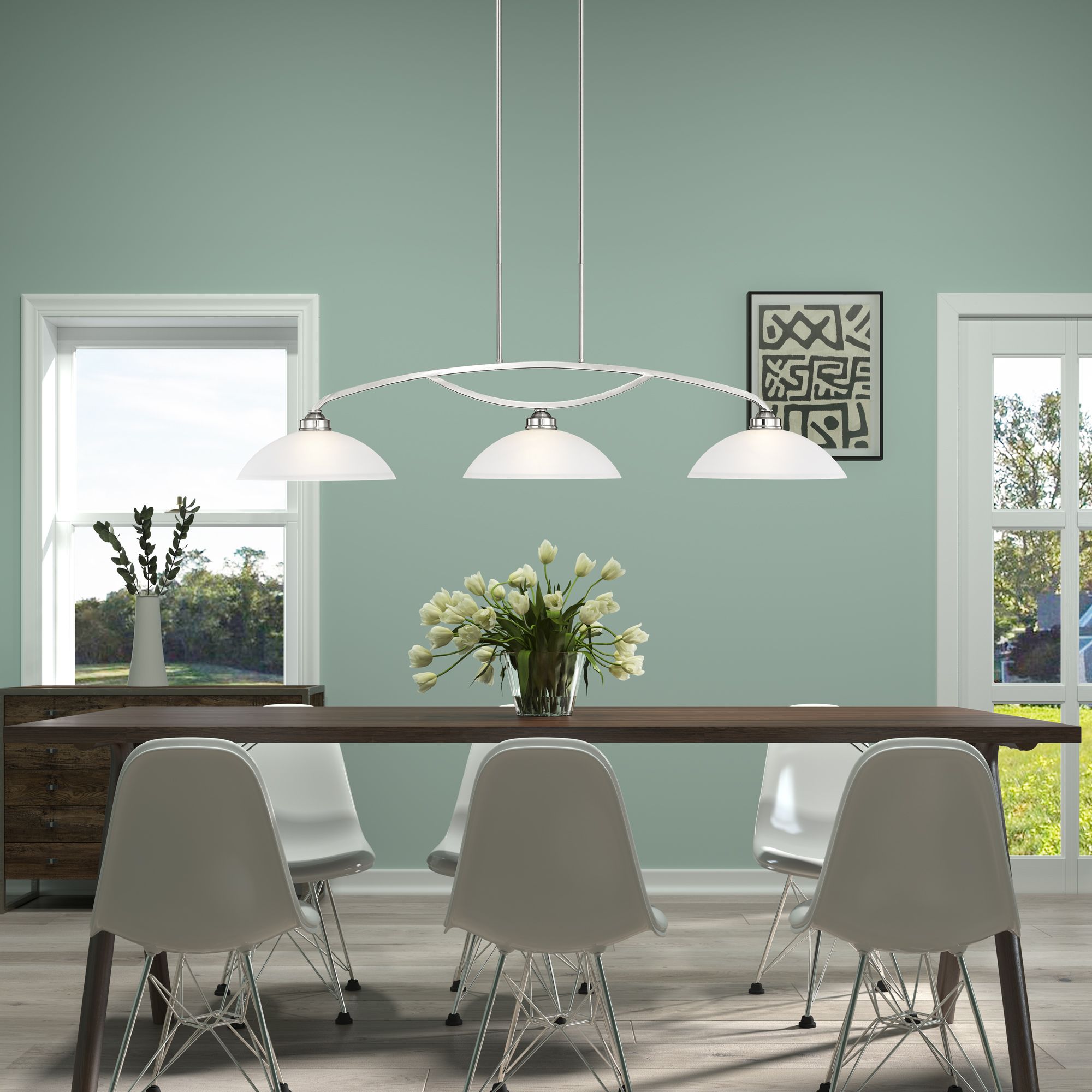 Somerset 3-Light Brushed Nickel Light with White Shades in scene