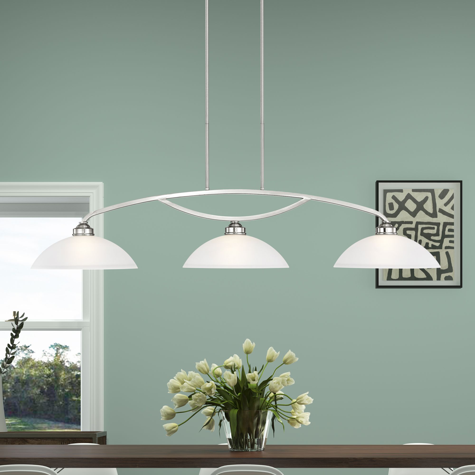 Somerset 3-Light Brushed Nickel Light with White Shades in scene