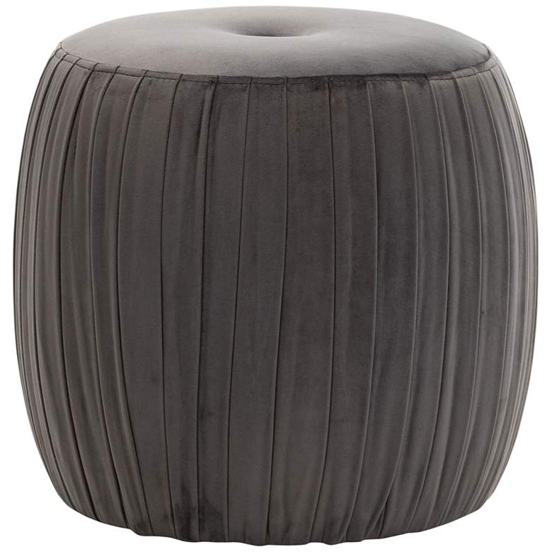 Image 1 Sommer Gray Button-Tufted Pleated Velvet Drum Ottoman