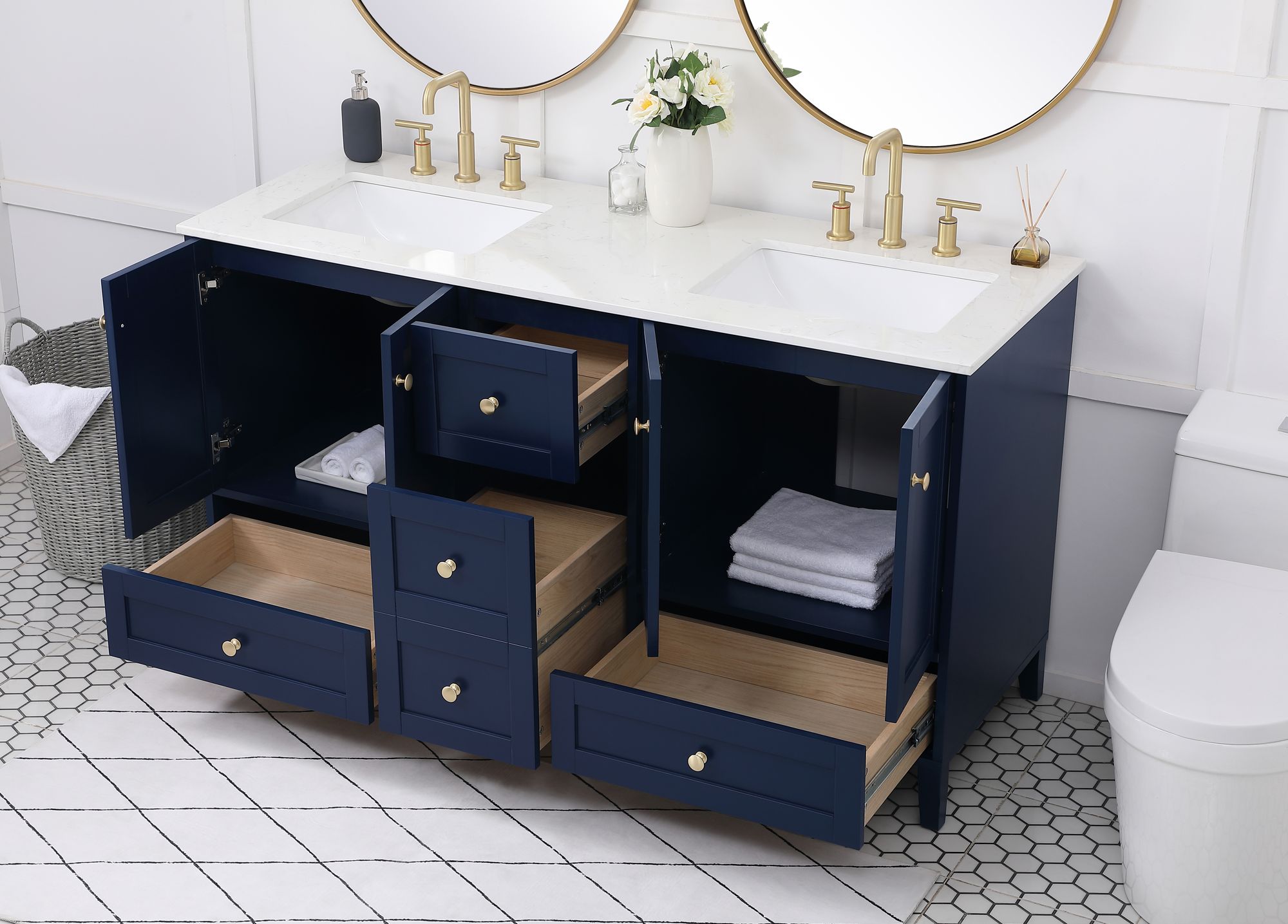 Image 3 Sommerville 60 in. Blue Double Sink Bathroom Vanity, Calacatta White Quartz more views