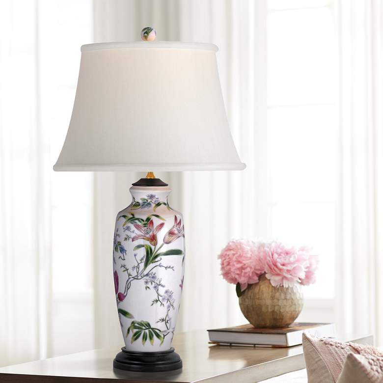 Image 1 Song Bird and Garden Lily 27" High Ginger Jar Porcelain Table Lamp