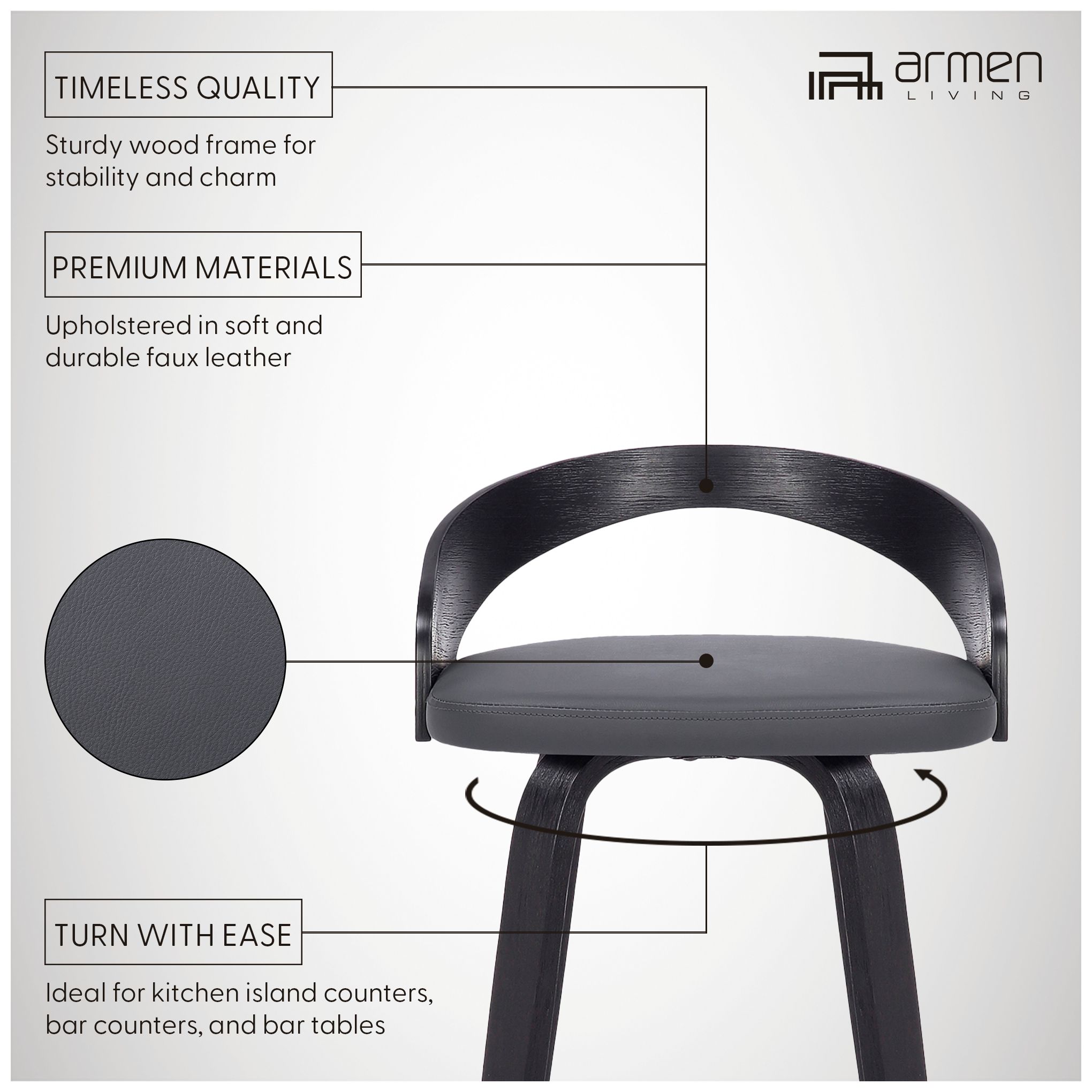 Sonia 26 in. Swivel Barstool in Grey Faux Leather and Black Wood