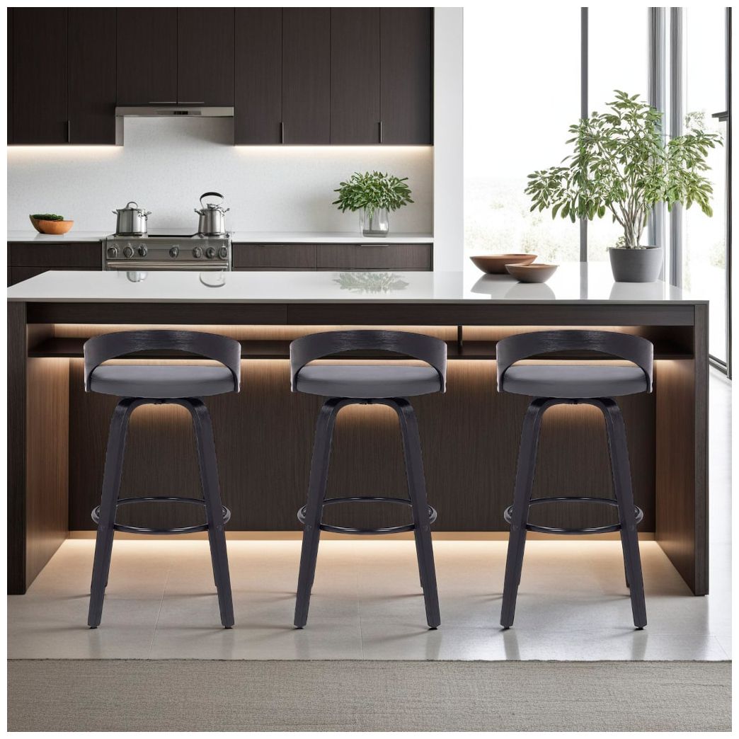 Sonia 26 in. Swivel Barstool in Grey Faux Leather and Black Wood