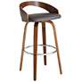 Sonia 30 in. Swivel Barstool in Grey Faux Leather and Walnut Wood