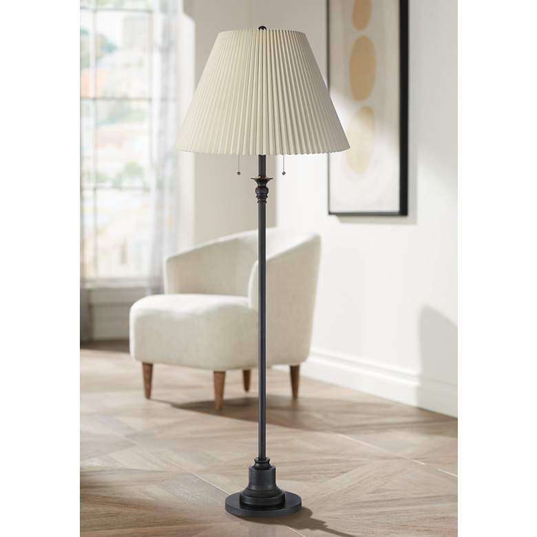 Image 1 Spenser Oiled Bronze Traditional Floor Lamp with Beige Pleated Shade