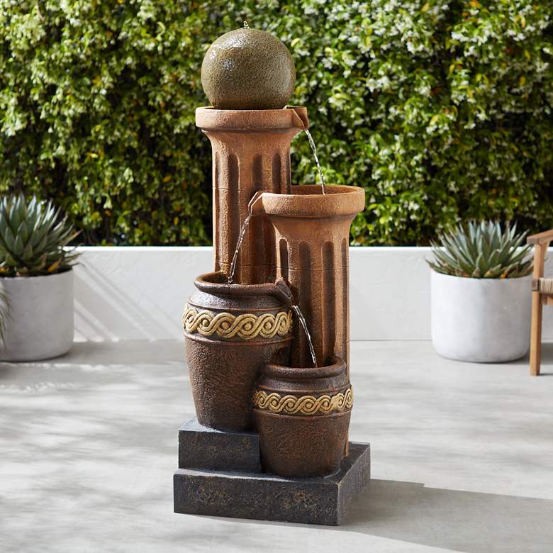 Image 1 Sphere Jugs and Column 50" High Rustic Fountain with Light