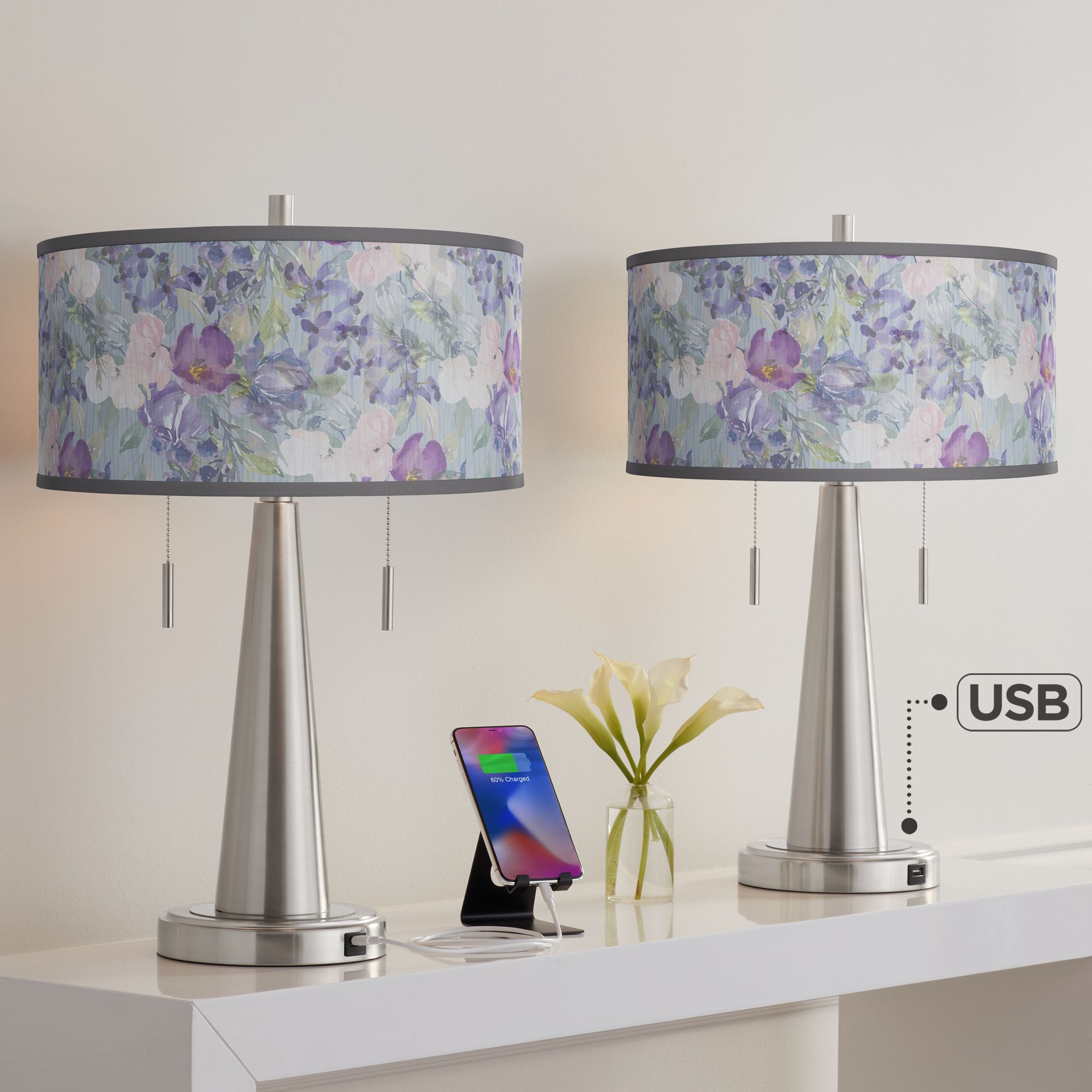 Spring Flowers Vicki Brushed Nickel USB Table Lamps Set of 2