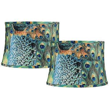 Springcrest Set of 2 Peacock Print Drum Lamp Shades 14x16x11 (Spider)