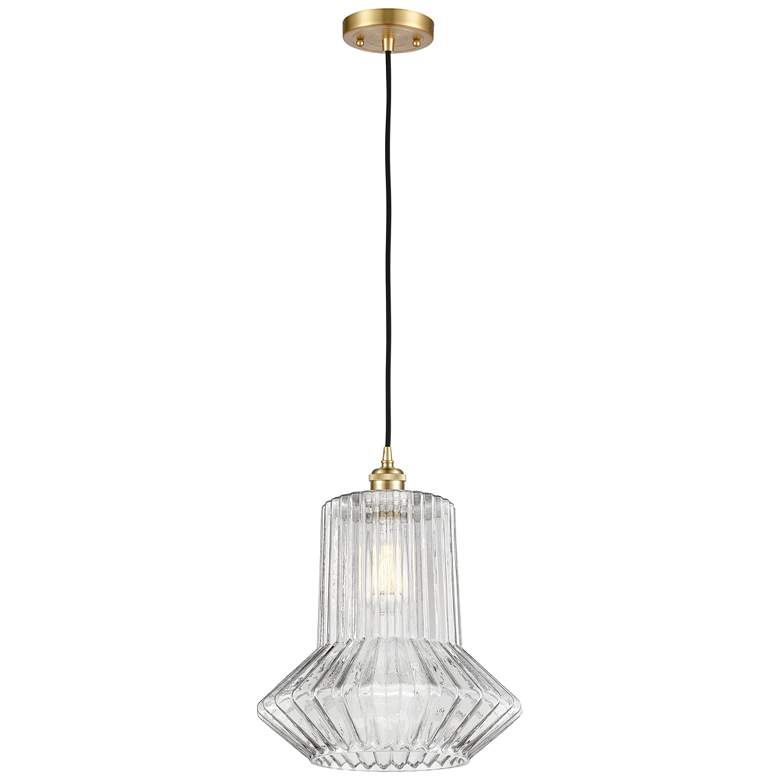 Image 1 Springwater 12" LED Mini Pendant - Satin Gold - Clear Spiral Fluted Sh