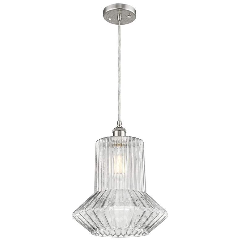 Image 1 Springwater 12" LED Mini Pendant - Satin Nickel - Clear Spiral Fluted