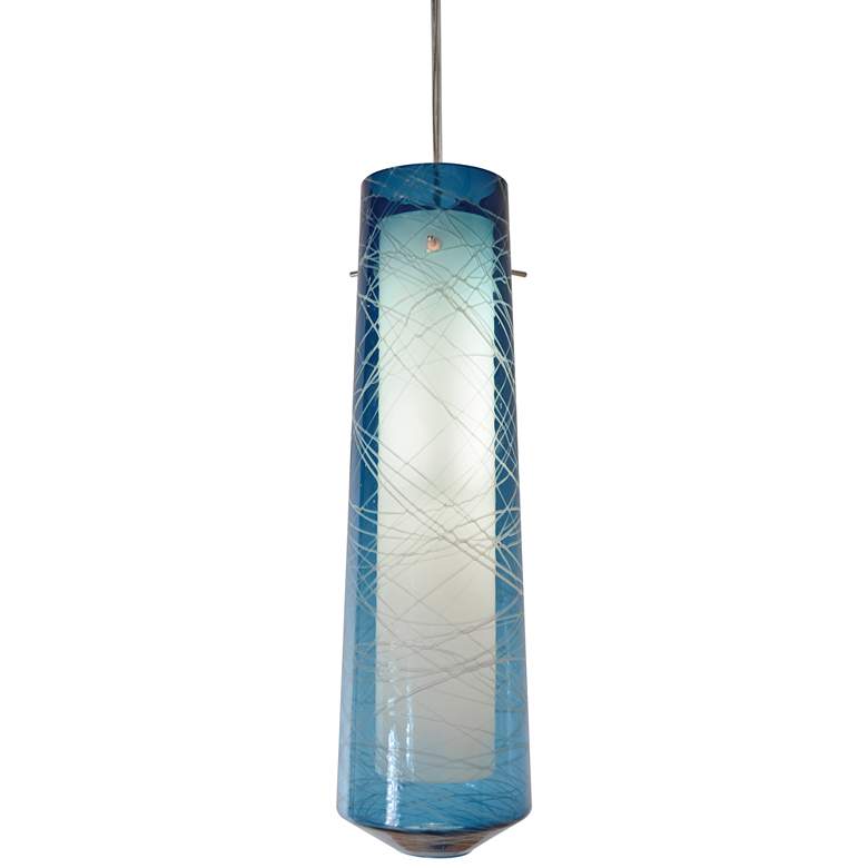 Image 2 Spun 5 inchW Satin Nickel LED Mini Pendant with Steel Blue Glass