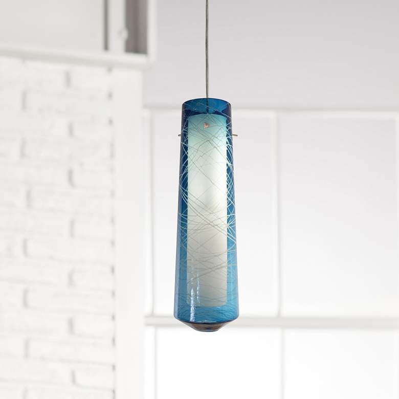 Image 1 Spun 5 inchW Satin Nickel LED Mini Pendant with Steel Blue Glass