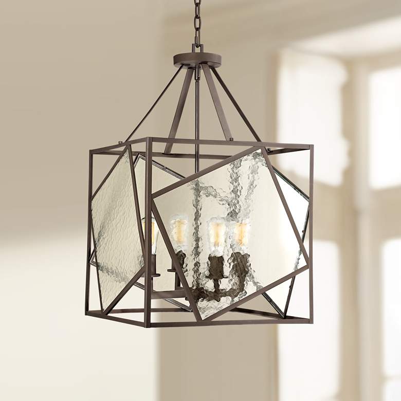 Image 1 Square 18 inch Wide Bronze and Glass Foyer Pendant Light