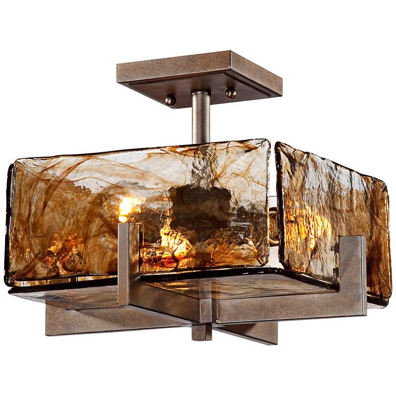 Image 1 Square Bronze Gold Art Glass 14 inch Wide Ceiling Light Fixture