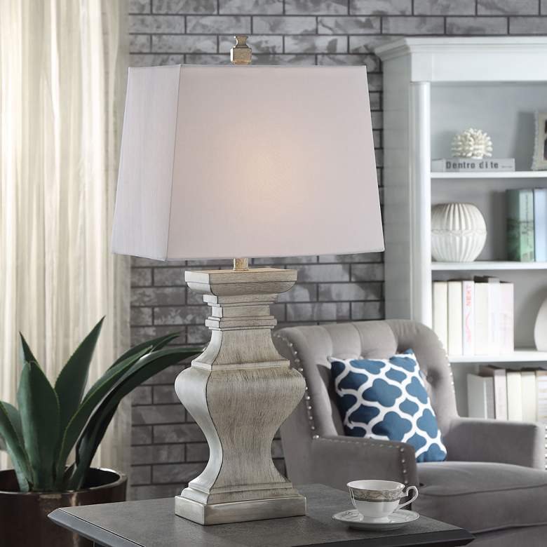Image 1 Square Candlestick Molded Distressed Ivory Table Lamp