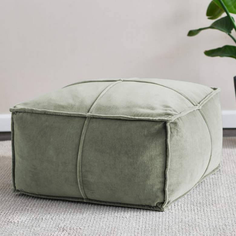 Image 1 Square Cotton Velvet Pouf with Piped Detail, Sage Green