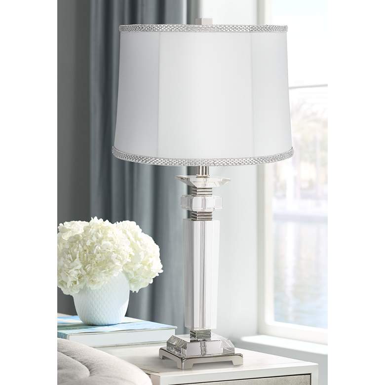 Image 1 Square Crystal Column Table Lamp with White Rhinestone Shade