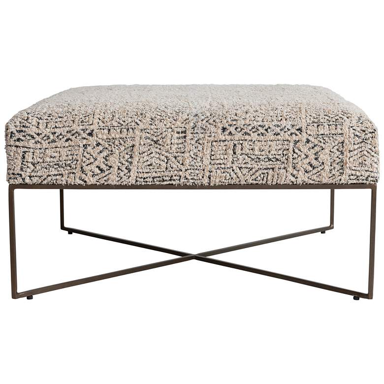 Image 1 Square Damask Upholstered Ottoman with Metal Frame, Ivory