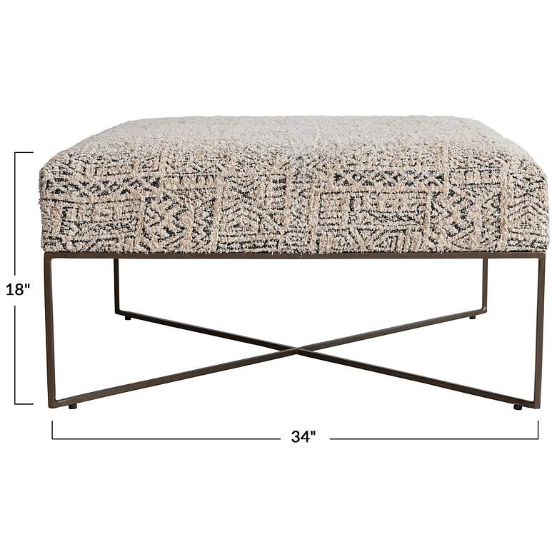 Image 2 Square Damask Upholstered Ottoman with Metal Frame, Ivory more views