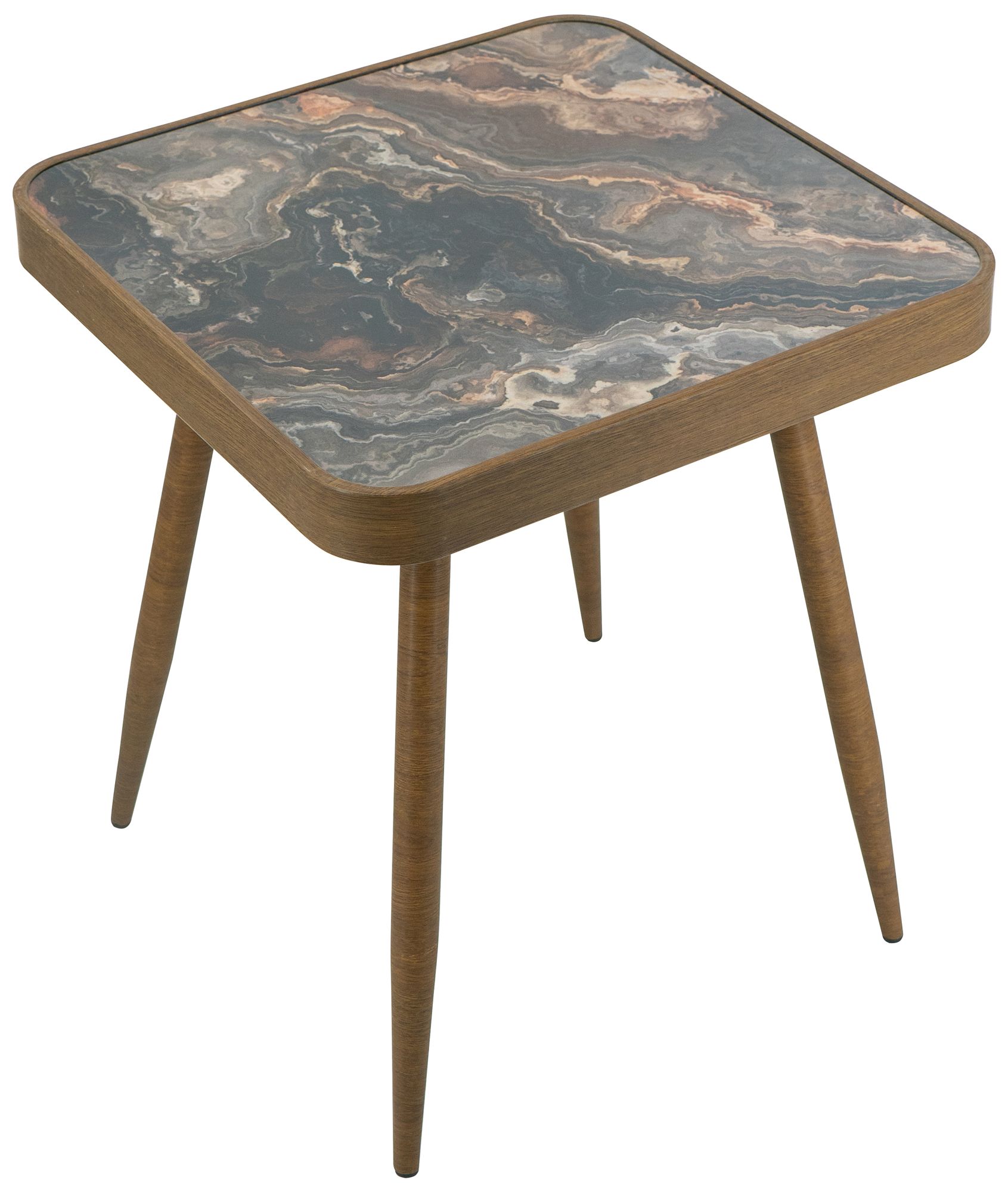 Image 2 Square Side Table w/ Glass Top, Marbled Design & Antique Gold Iron Legs