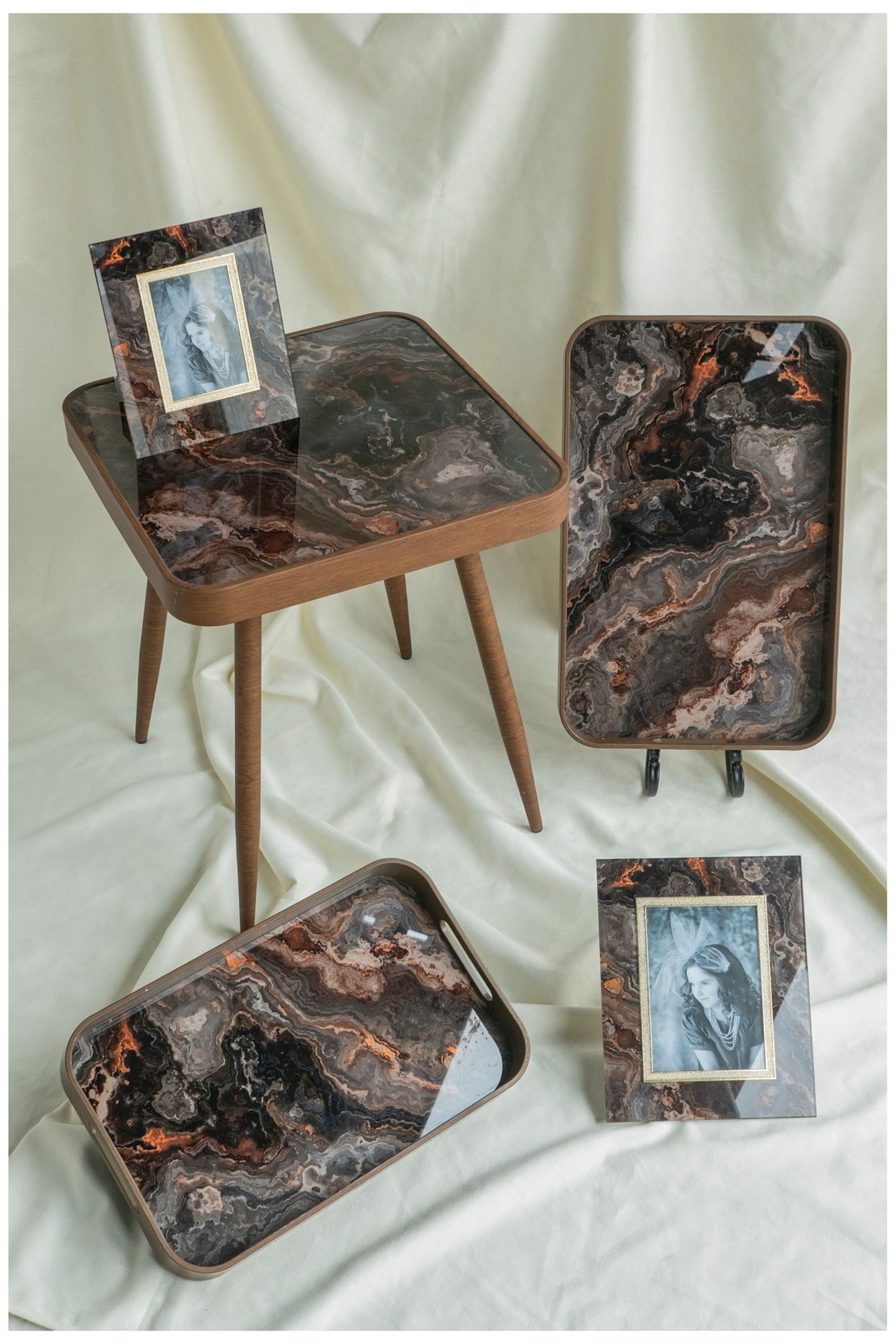 Image 6 Square Side Table w/ Glass Top, Marbled Design & Antique Gold Iron Legs more views