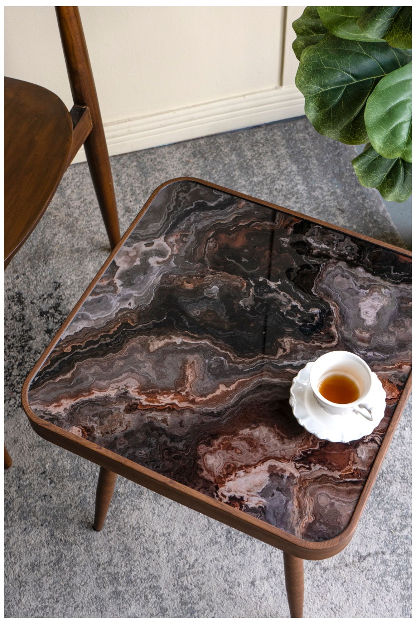 Image 7 Square Side Table w/ Glass Top, Marbled Design & Antique Gold Iron Legs more views