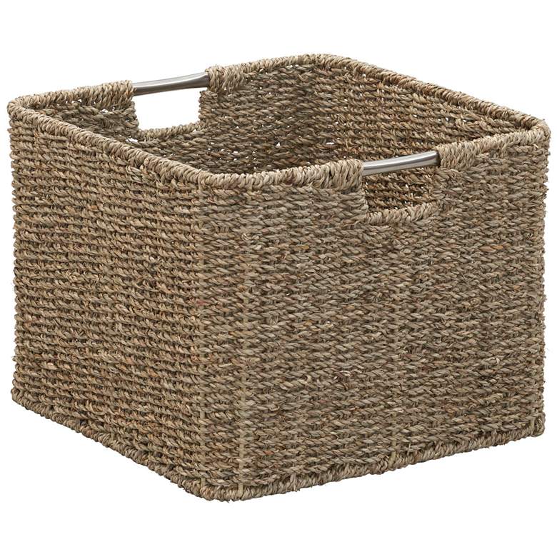 Image 1 Square Wicker Basket, Seagrass Cube with Stainless Steel Handles, Natural