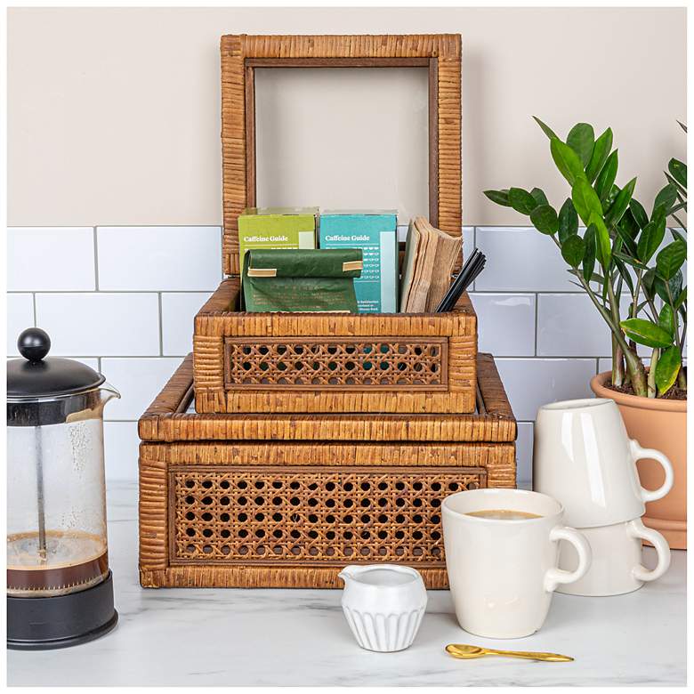 Square Rattan Boxes Square Woven Rattan and Wood Display Boxes,Set of 2 - #1754Y | Lamps Plus