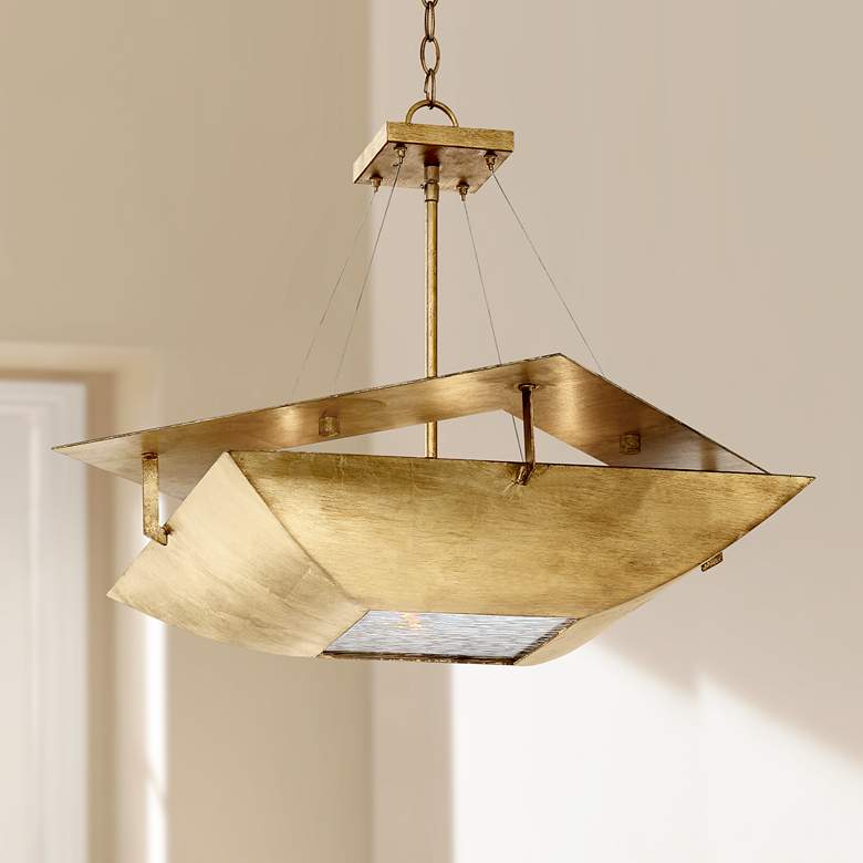 Image 1 Squared Up 28 1/4 inch Wide Gold Leaf 4-Light Chandelier