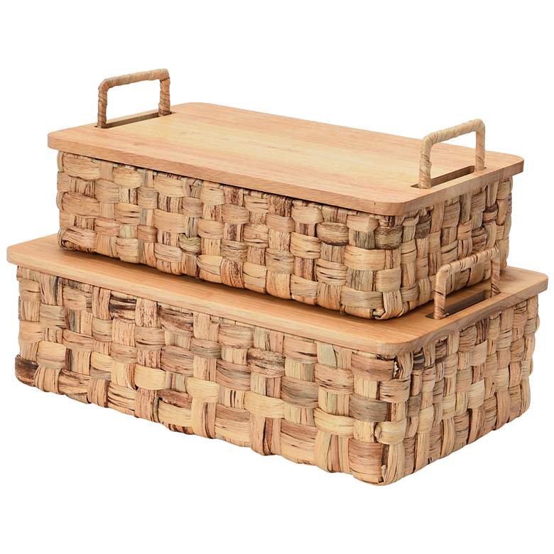 Image 2 Stackable Hyacinth Baskets with Oak Lids, Natural Set of 2