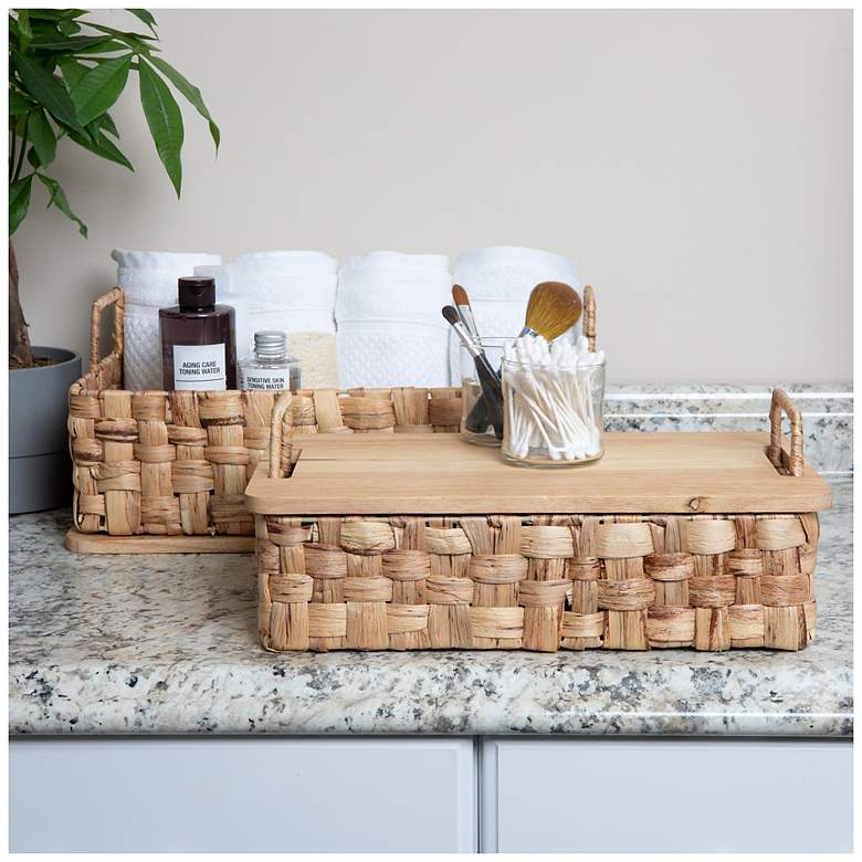 Image 1 Stackable Hyacinth Baskets with Oak Lids, Natural Set of 2