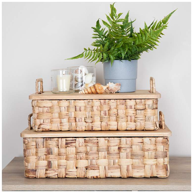 Image 4 Stackable Hyacinth Baskets with Oak Lids, Natural Set of 2 more views