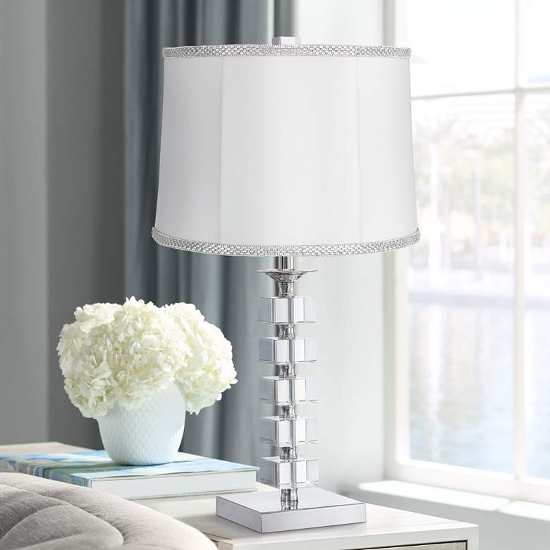 Image 1 Stacked Cubes Crystal Table Lamp with White Rhinestone Shade