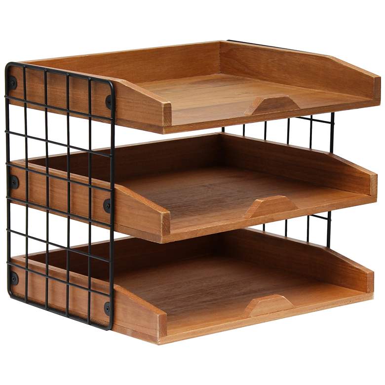 Image 2 Stacks Natural Wood 3-Shelf Desk Organizer Mail Letter Tray