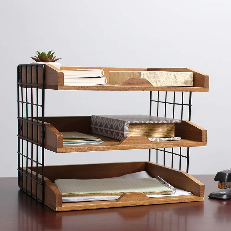 Image 1 Stacks Natural Wood 3-Shelf Desk Organizer Mail Letter Tray