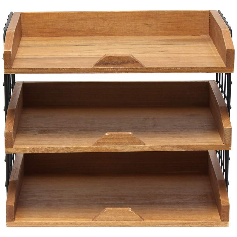 Image 7 Stacks Natural Wood 3-Shelf Desk Organizer Mail Letter Tray more views