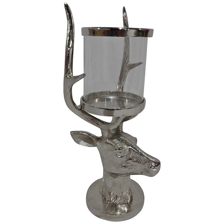Stag Deer Horn 20&quot; High Silver and Glass Candle Holder