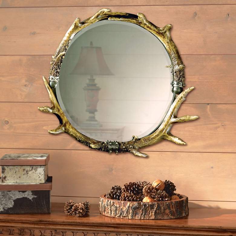 Image 1 Stag Horn Faux Antler 26 inch x 24 inch Round Wall Mirror