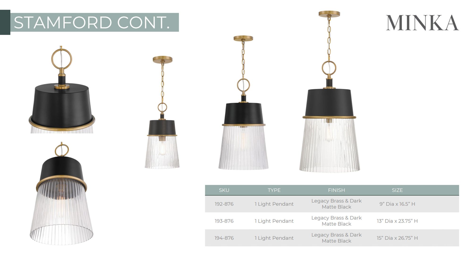 Stamford 9" Wide Brass and Matte Black Mini Pendant