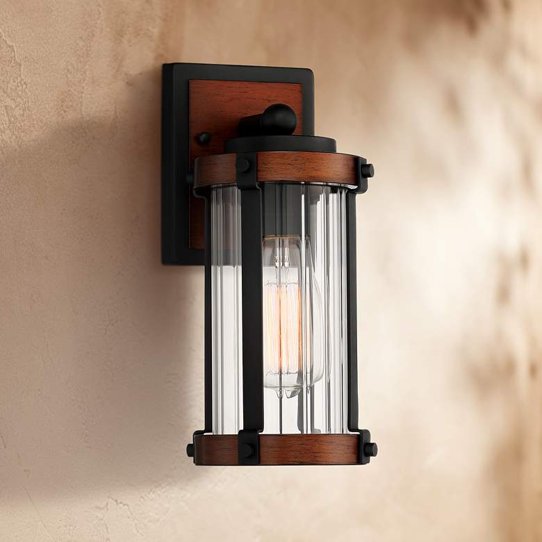 Image 1 Stan 11 3/4" High Black and Dark Wood Outdoor Wall Light