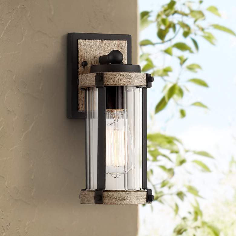 Image 1 Stan 11 3/4 inch High Black and Gray Wood Outdoor Wall Light