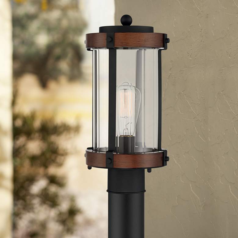 Image 1 Stan 13 3/4 inch High Black and Dark Wood Outdoor Post Light