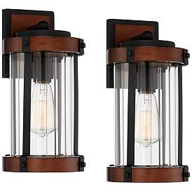 Image2 of Stan 13 3/4" High Black and Dark Wood Outdoor Wall Light Set of 2