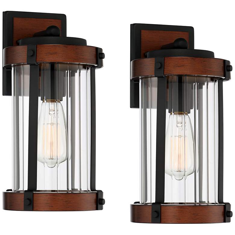 Image 2 Stan 13 3/4" High Black and Dark Wood Outdoor Wall Light Set of 2